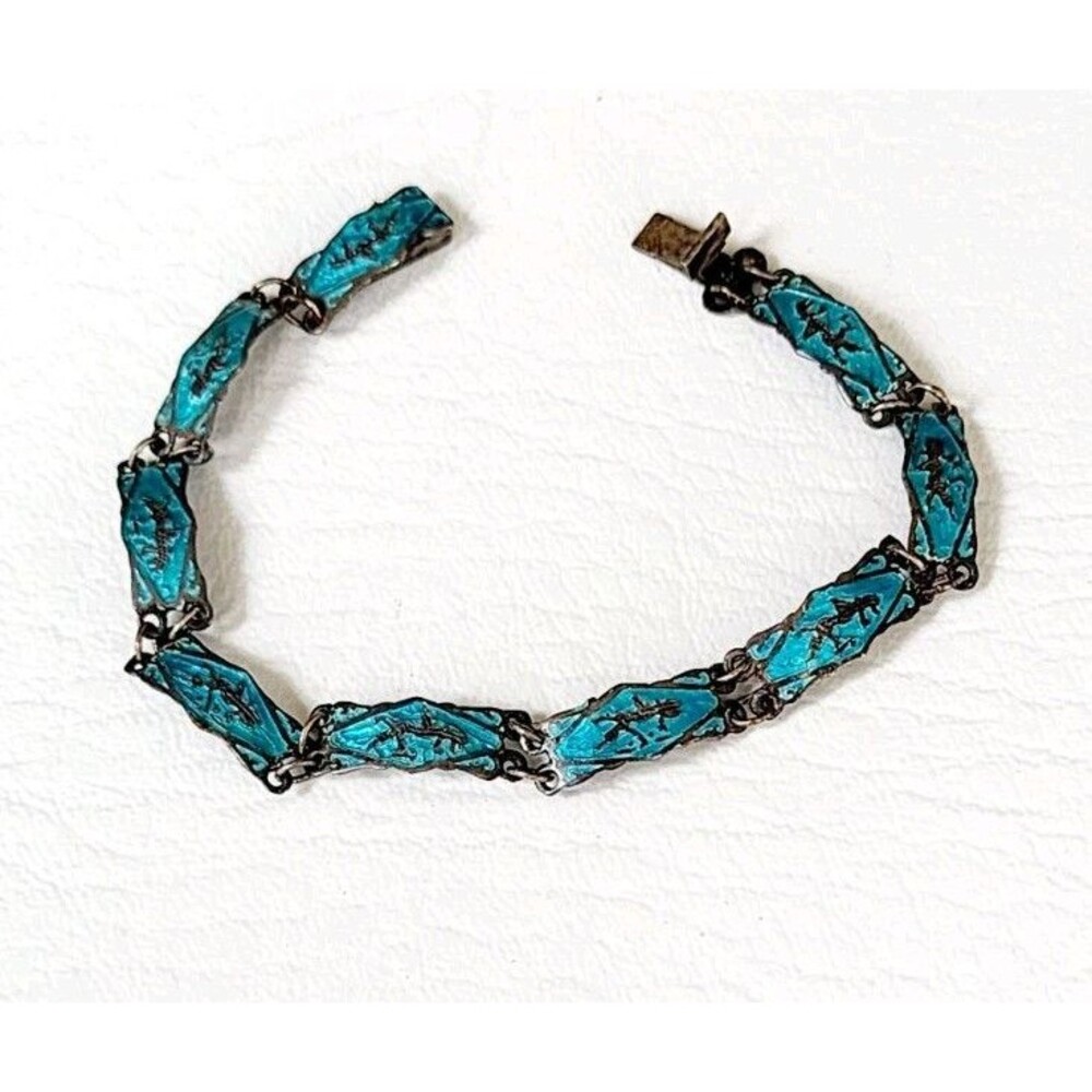 Siam Sterling Silver 925 Niello Blue Enamel Panel Goddess Bracelet 7" 5.61g